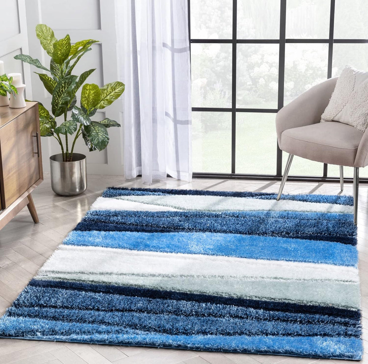 Handcrafted Teal Sky Shaggy Carpet