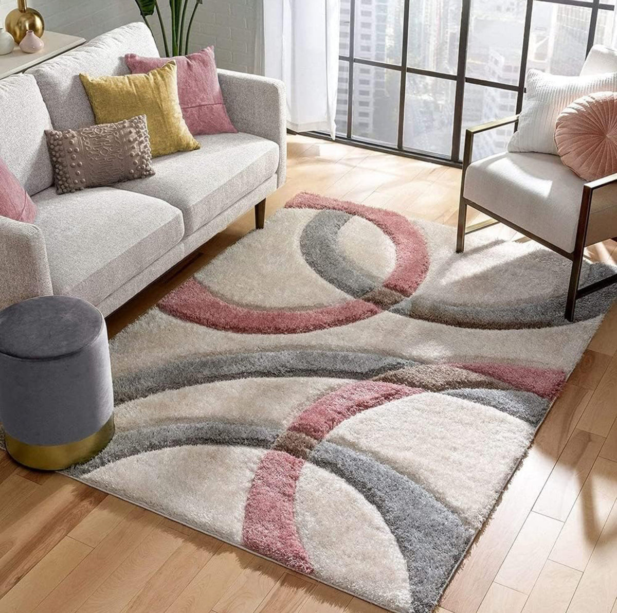 Handcrafted Pink & Grey Shaggy Carpet