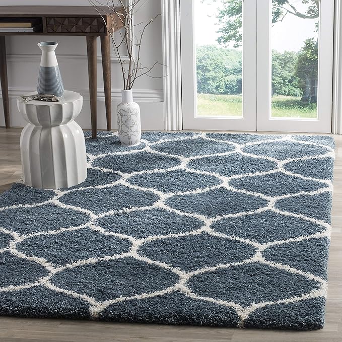 Handcrafted Slate Blue & Ivory Moroccan Shaggy Carpet
