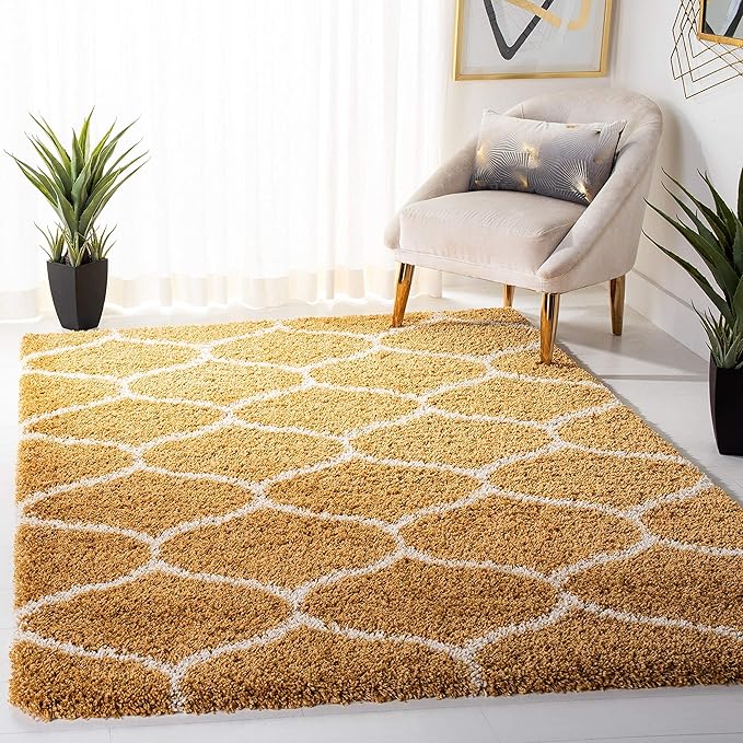 Handcrafted Mustard Yellow & Ivory Moroccan Shaggy Carpet