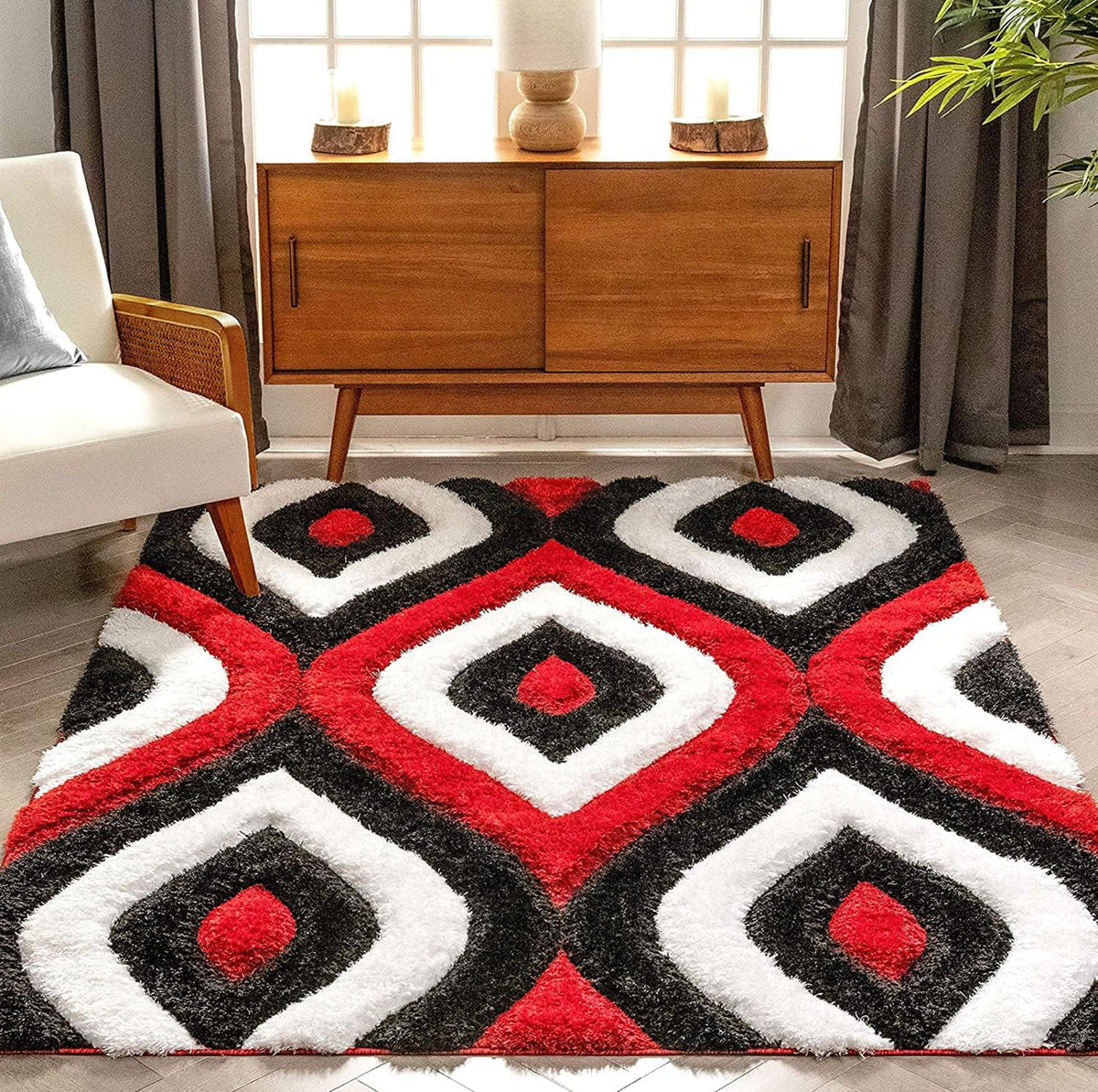 Handcrafted Black & Red Geometric Shaggy Carpet