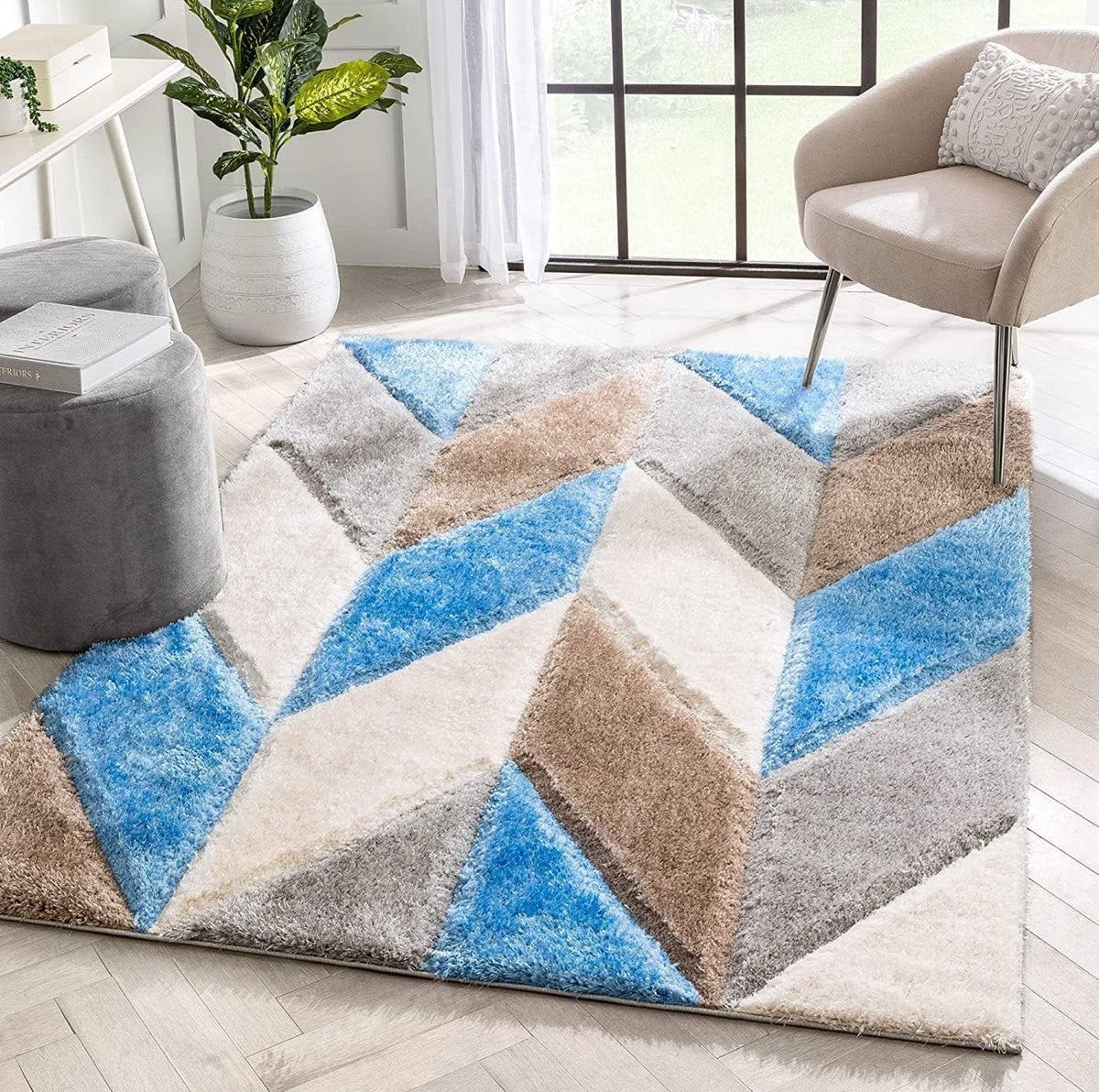 Handcrafted Blue & Brown Multi Coloured Shaggy Carpet