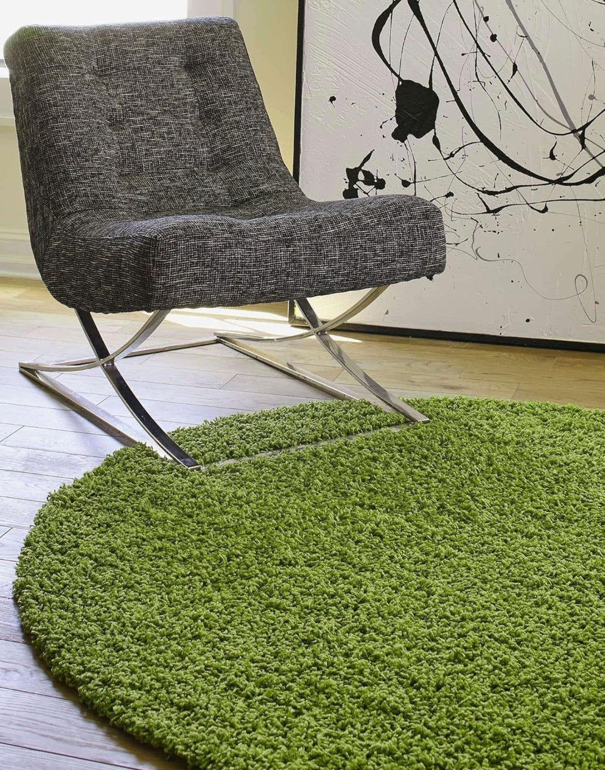 Green Handcrafted Round Solid Microfiber Plush Anti Skid Shaggy Carpet