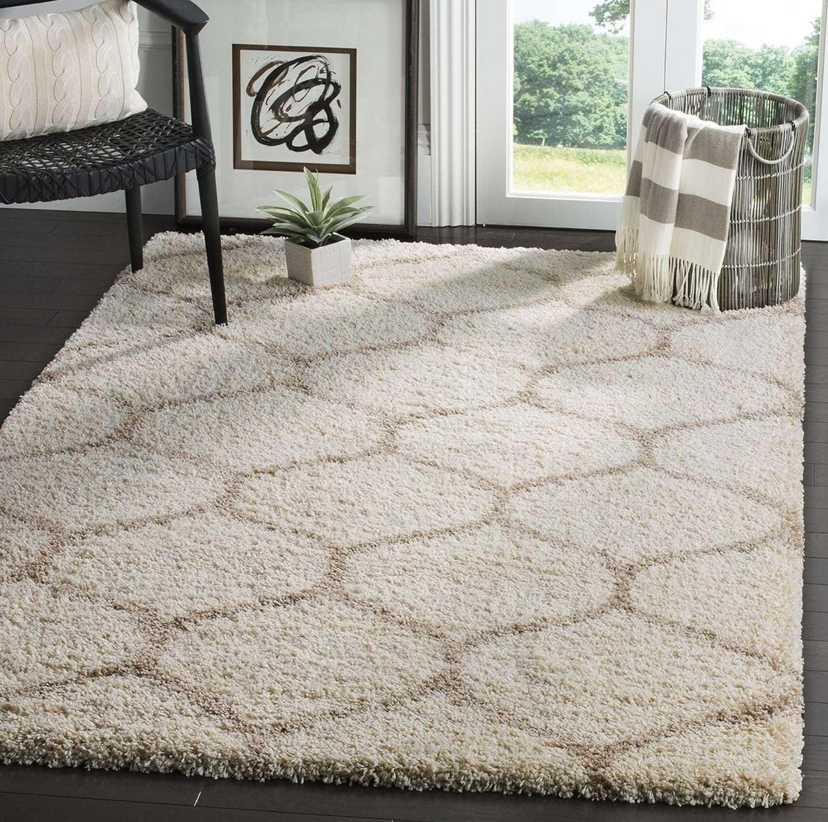 Handcrafted Beige Moroccan Shaggy Carpet