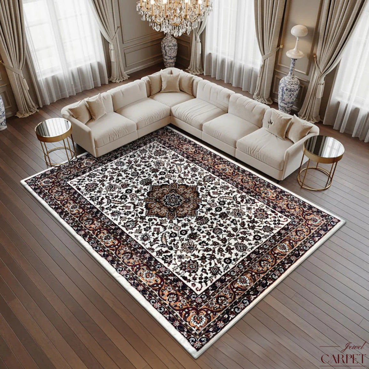 White Persian Wool Heavy Backing Anti Skid Traditional Carpet