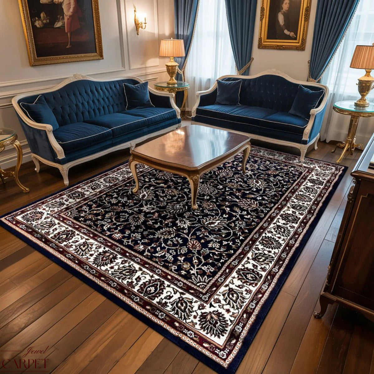 Navy Blue Persian Wool Anti Skid Heavy Traditional Carpet