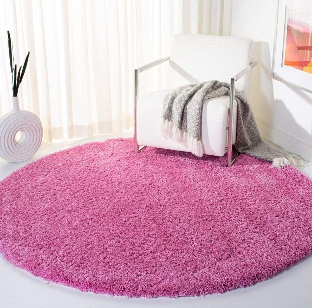 Baby Pink Handcrafted Round Solid Microfiber Plush Anti Skid Shaggy Carpet