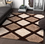 Handcrafted Beige Brown Geometric Shaggy Carpet