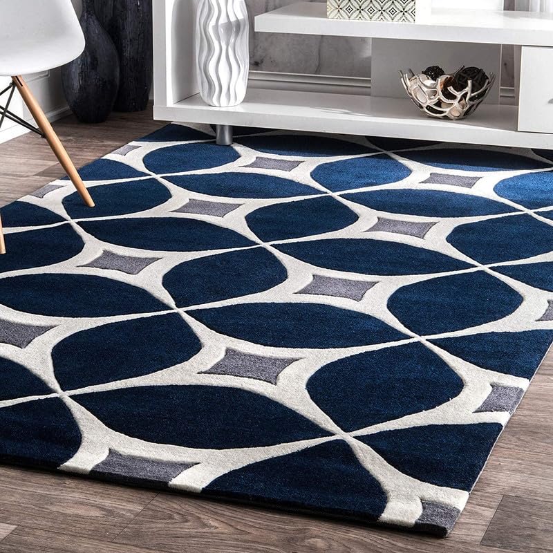 Navy Blue & White Hand Tufted New Zealand Wool Rug