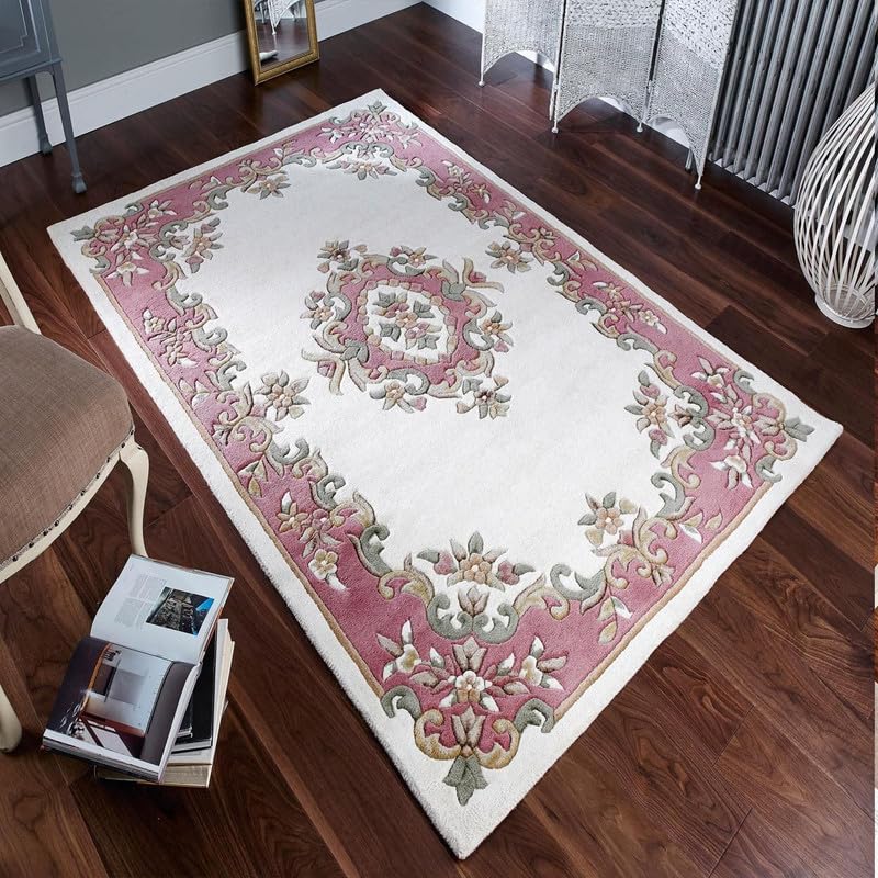 White & Pink Persian Abuson Hand Tufted New Zealand Wool Rug
