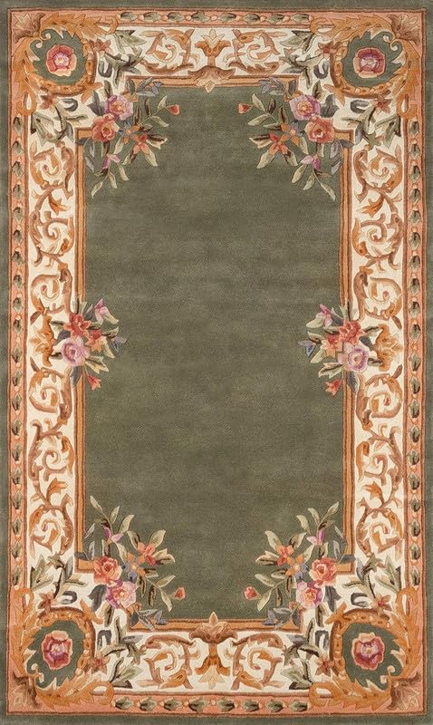Olive Green Vintage Blossom Persian Hand Tufted New Zealand Wool Rug