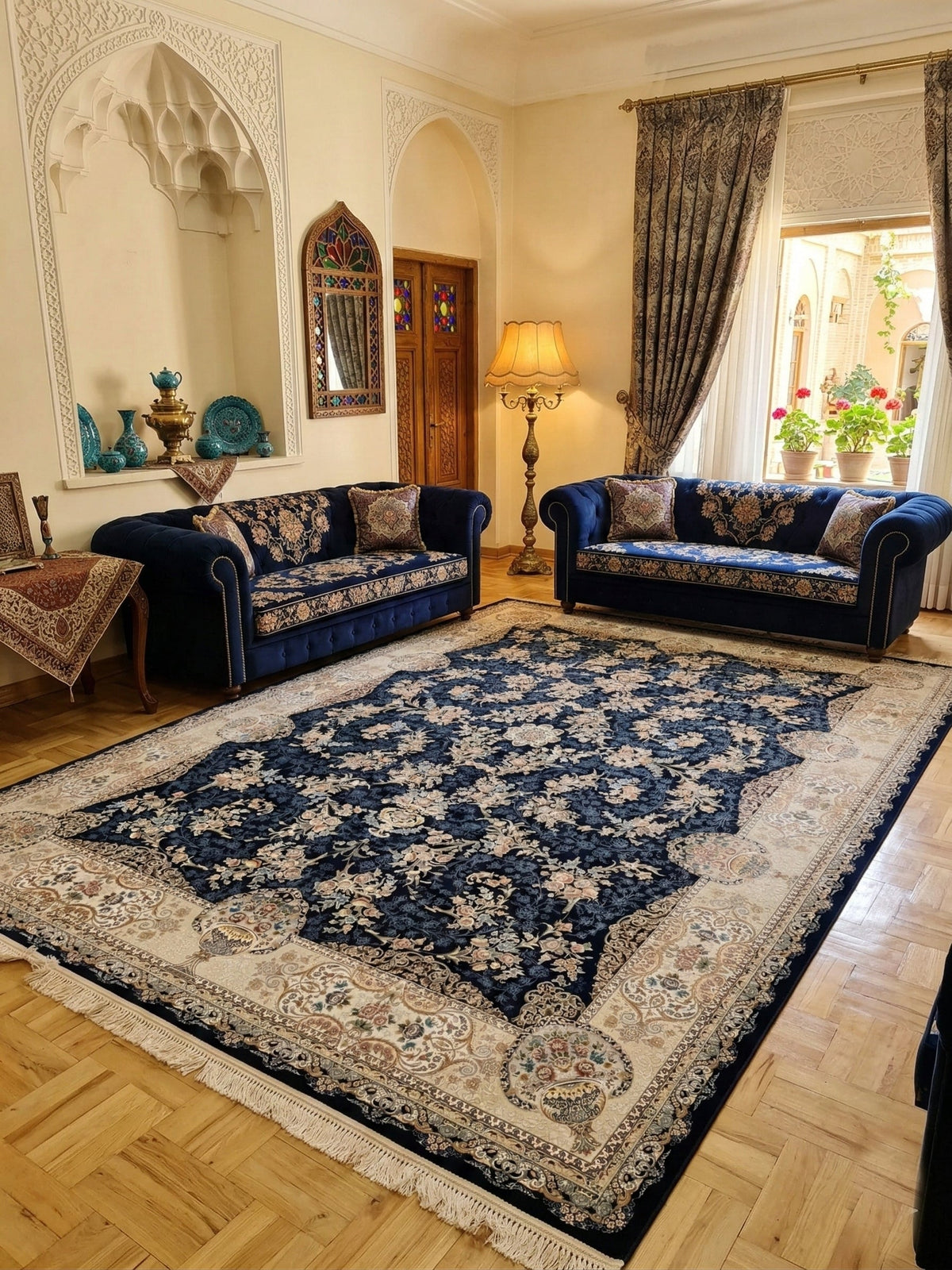 Shahiya Iranian Imported 1500 Reeds Navy Blue Rug
