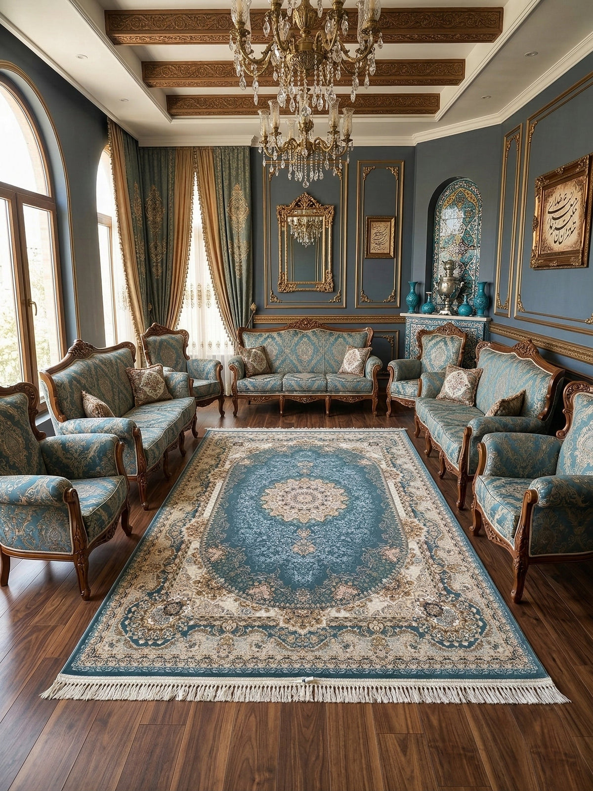 Ahlam Iranian Imported 1500 Reeds Teal Blue Rug