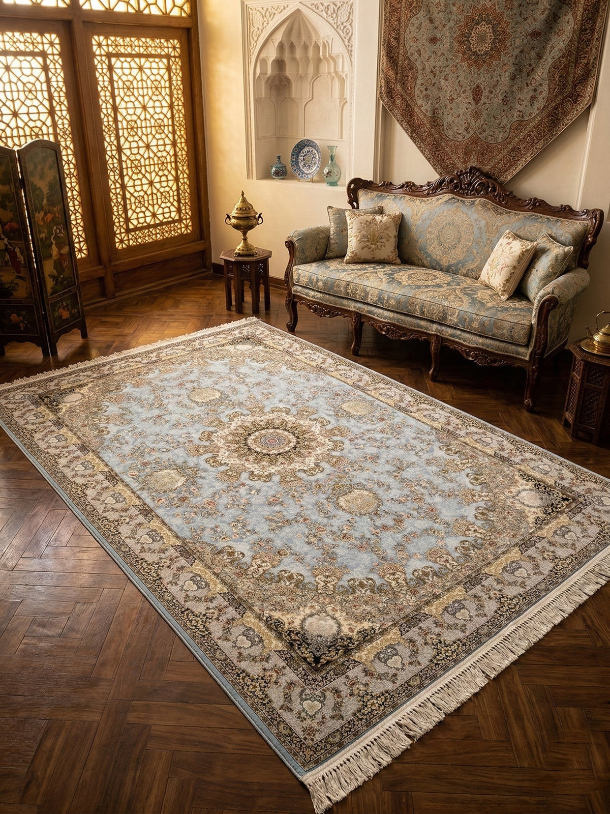 Ghalia Iranian Imported 1500 Reeds Sea Blue Rug