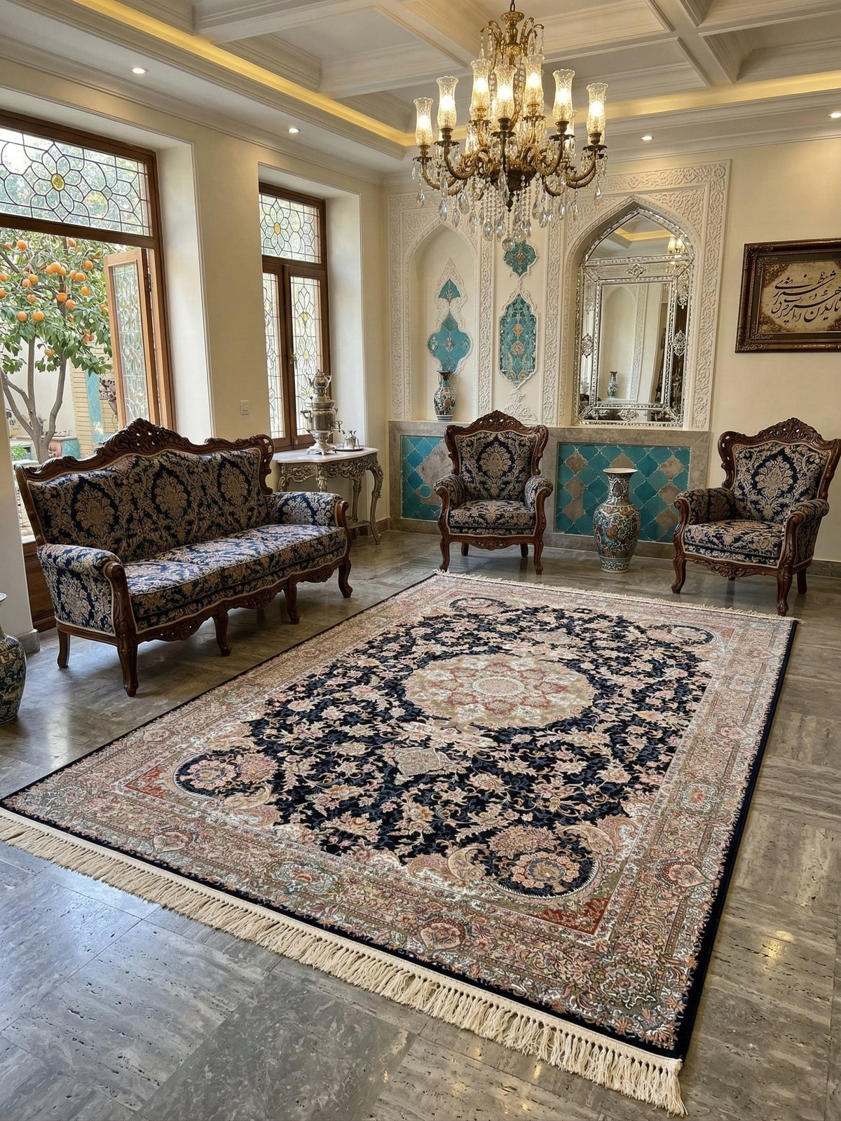 Omana Iranian Imported 1500 Reeds Black Rug