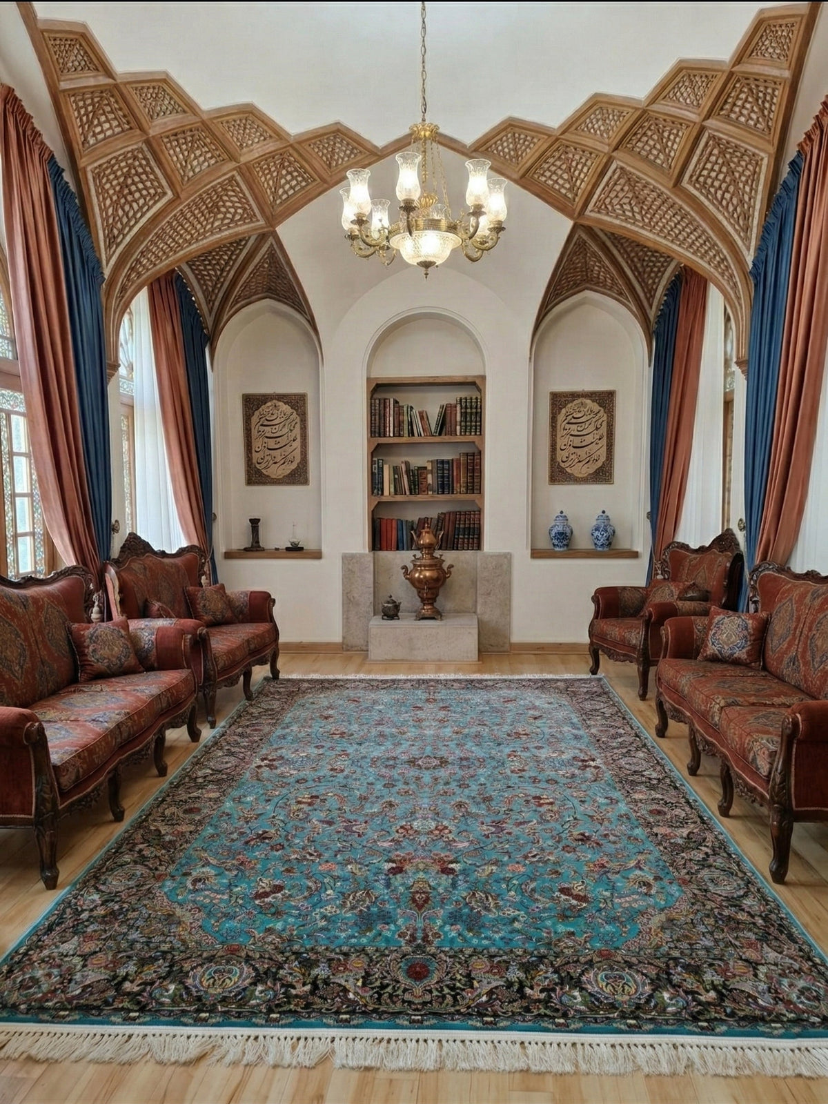 Emani Iranian Imported 1500 Reeds Teal Blue Rug