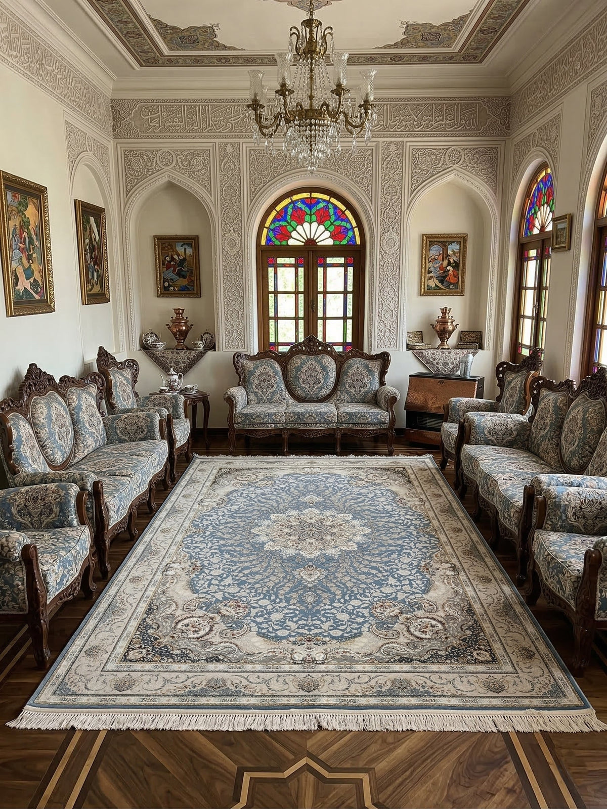 Balqis Iranian Imported 1500 Reeds Dusty Blue Rug