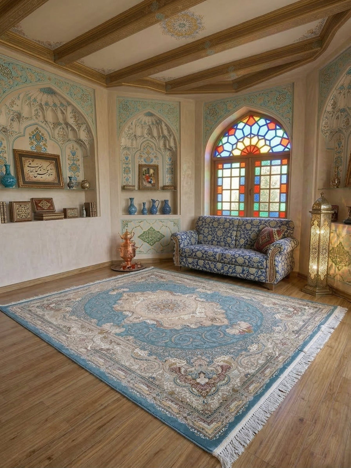 NIKHAT Iranian Imported 1500 Reeds Blue Rug