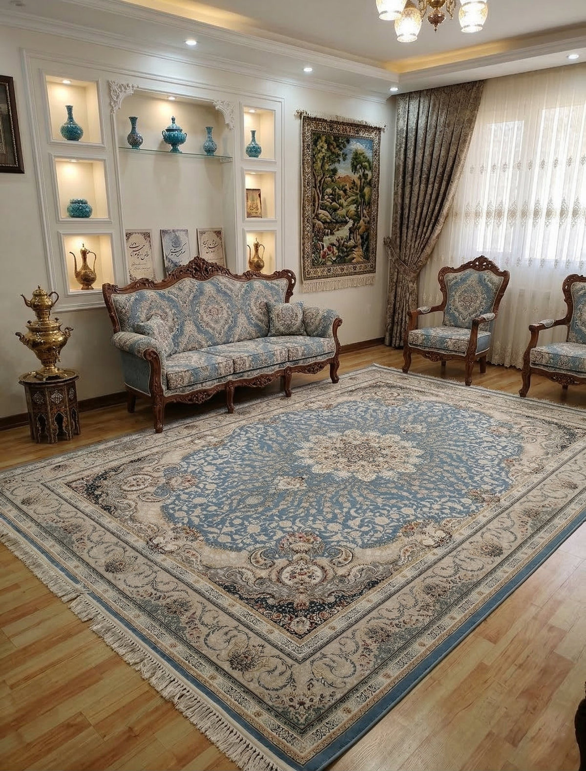 Noreen Iranian Imported 1500 Reeds Blue Rug