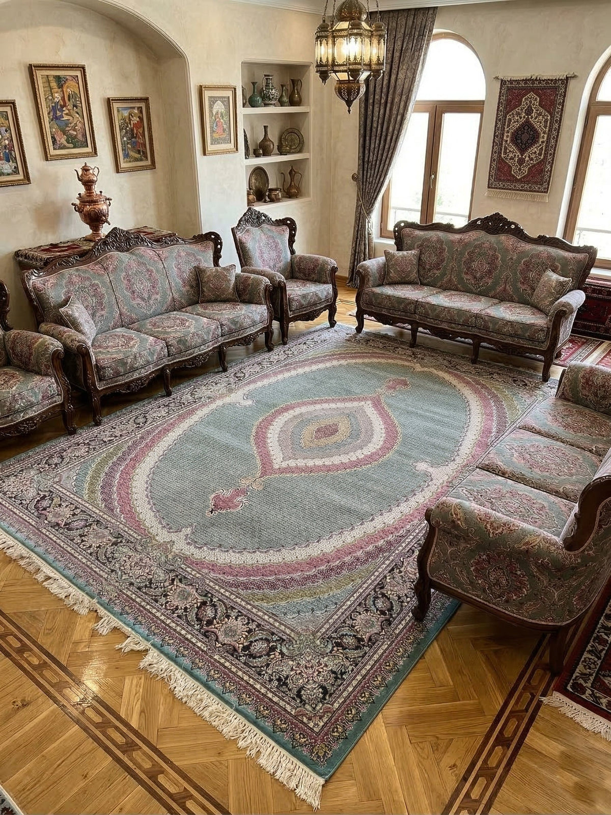 Munazzah Iranian Imported 1500 Reeds Turquoise Blue Rug