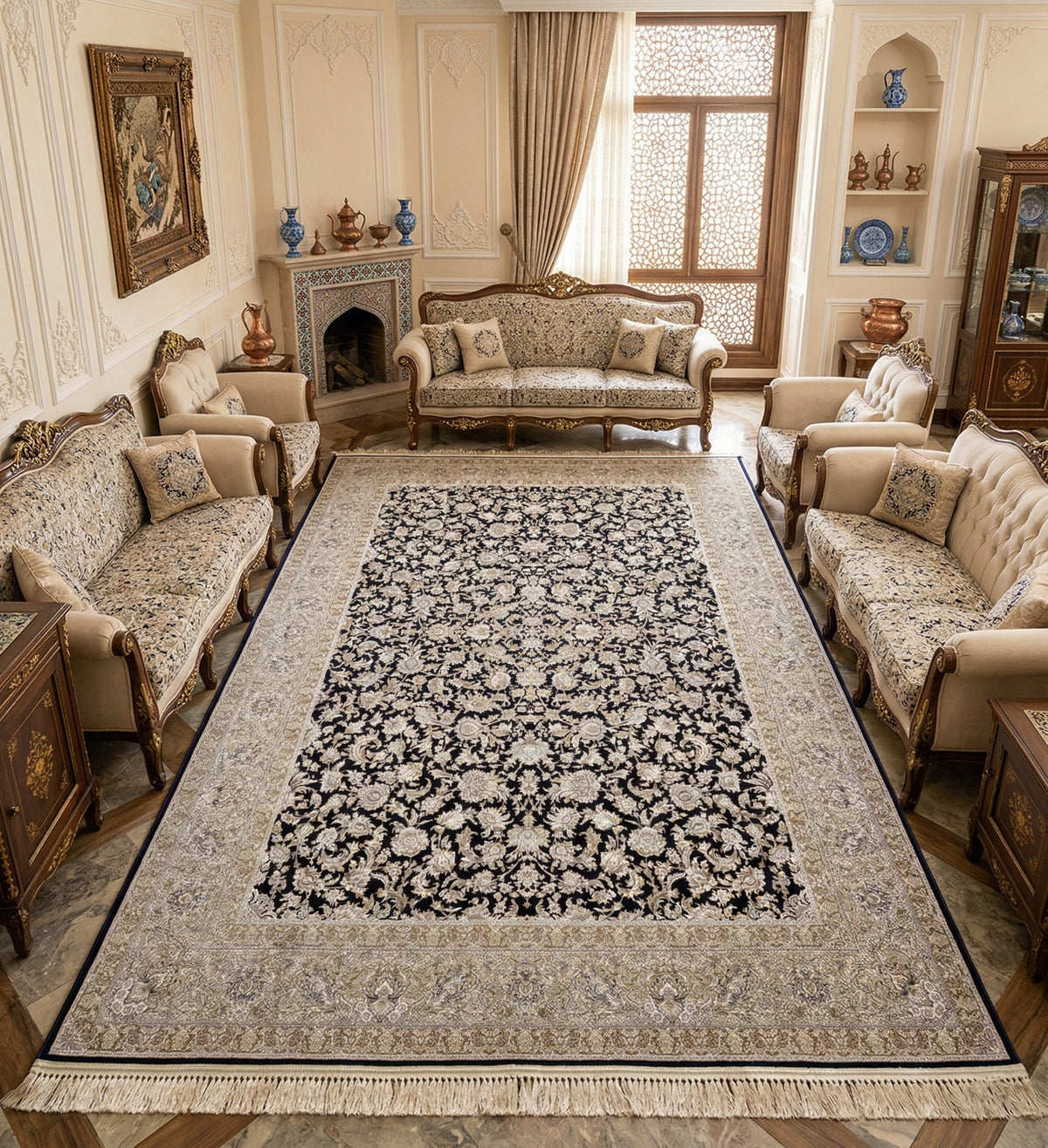 Mahbuban Iranian Imported 1500 Reeds Black & Gold Rug