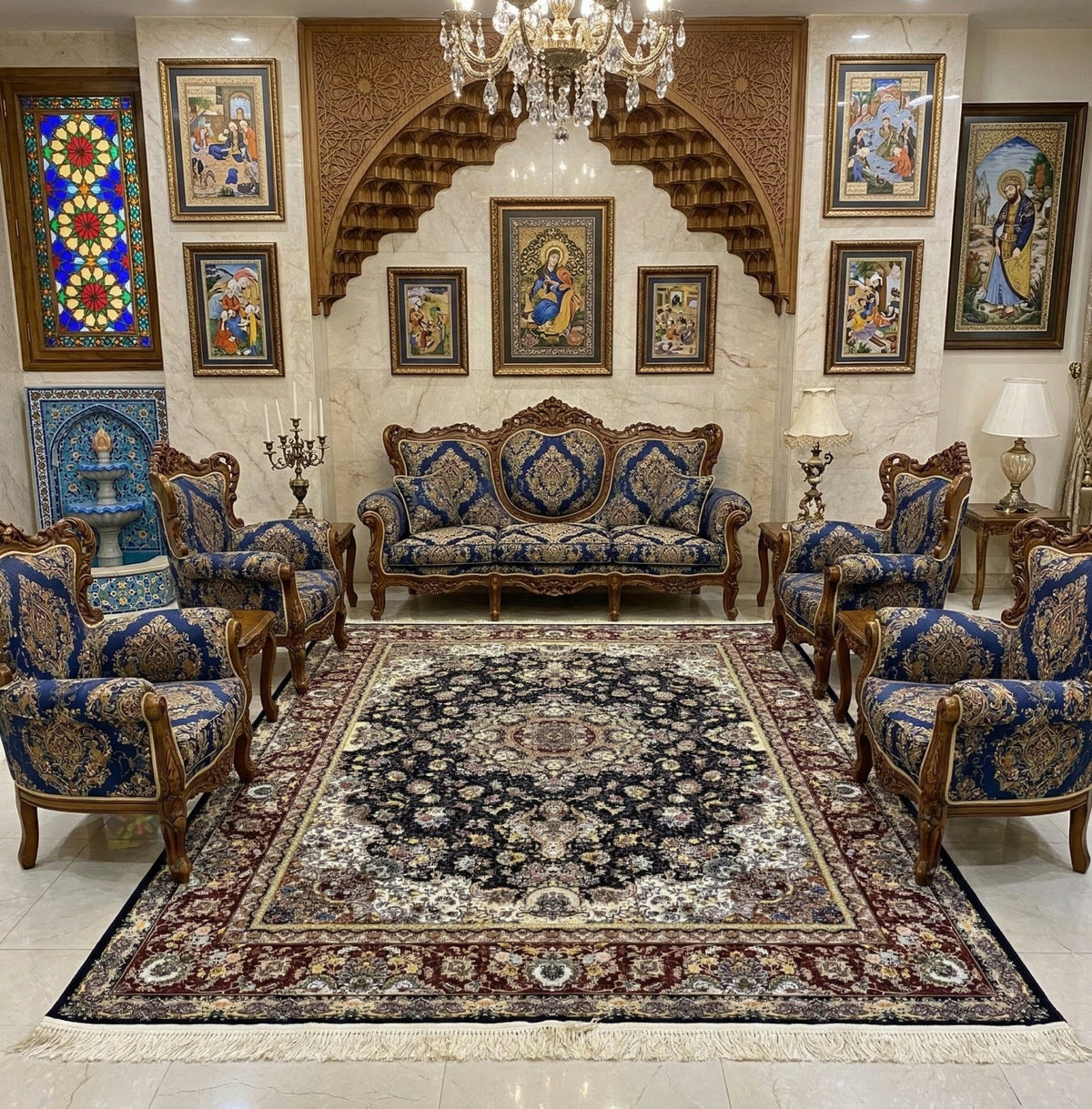 Nazish Iranian Imported 1500 Reeds Navy Blue Rug