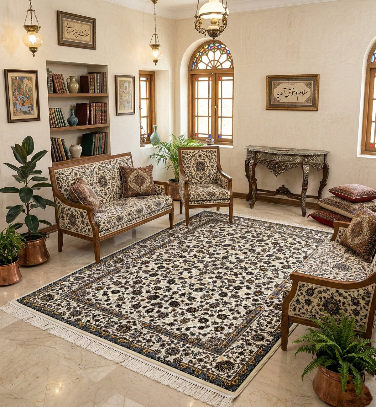 Aqilah Iranian Imported 1500 Reeds Off White Rug