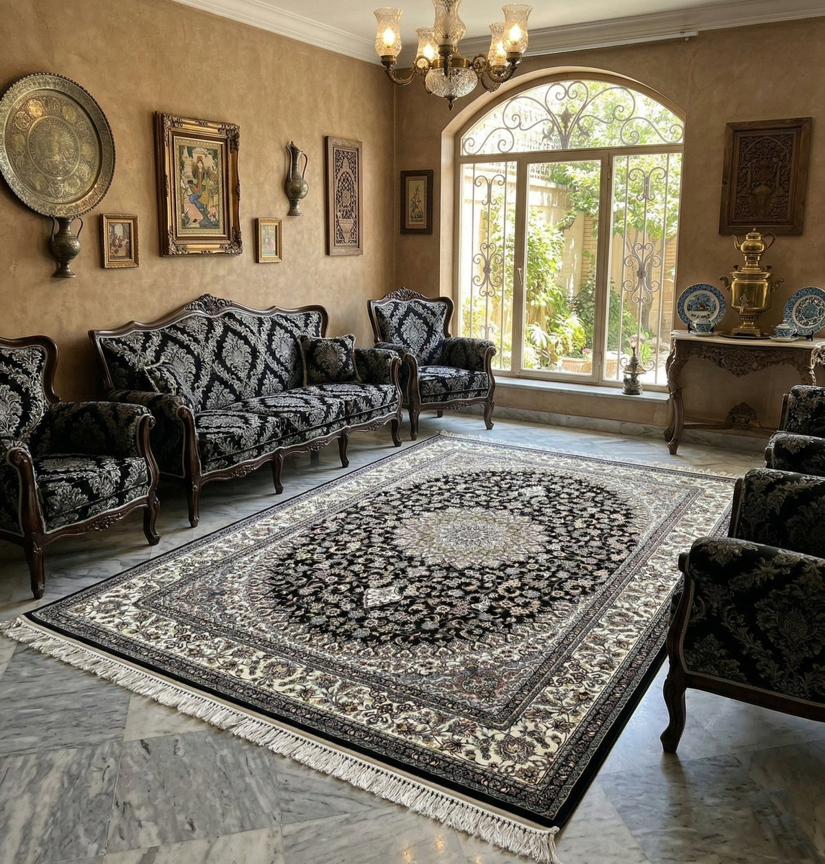 Asiyah Iranian Imported 1500 Reeds Black Rug