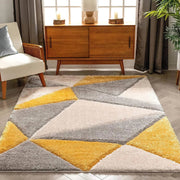 Handcrafted Grey Melange & Yellow Geometric Shaggy Carpet
