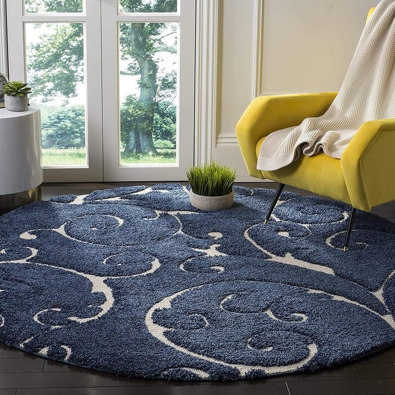 Round Floral Teal Blue & White Shaggy Carpet