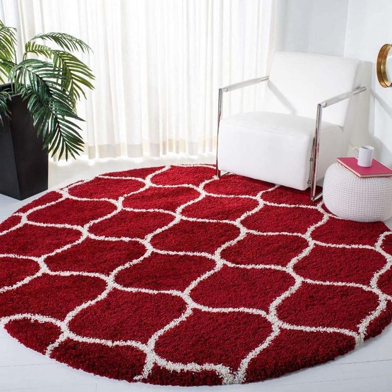 Round Red & White Moroccan Shaggy Carpet