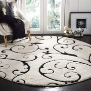 Round Floral White & Black Shaggy Carpet