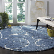 Round Floral White & Blue Shaggy Carpet