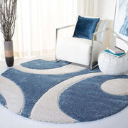 Round Blue & White Handcrafted Shaggy Carpet
