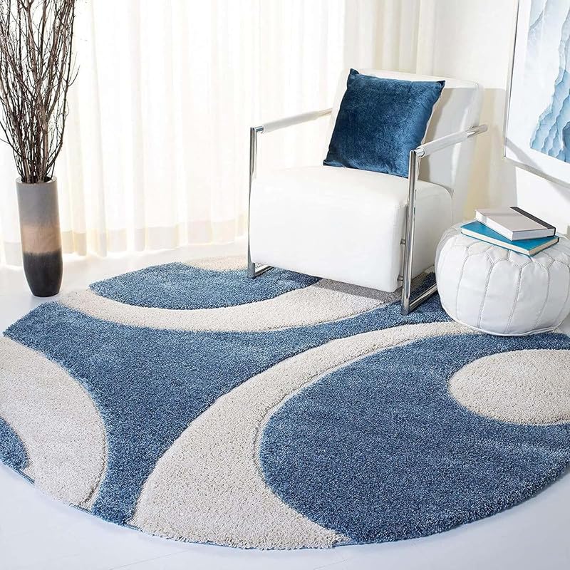 Round Blue & White Handcrafted Shaggy Carpet