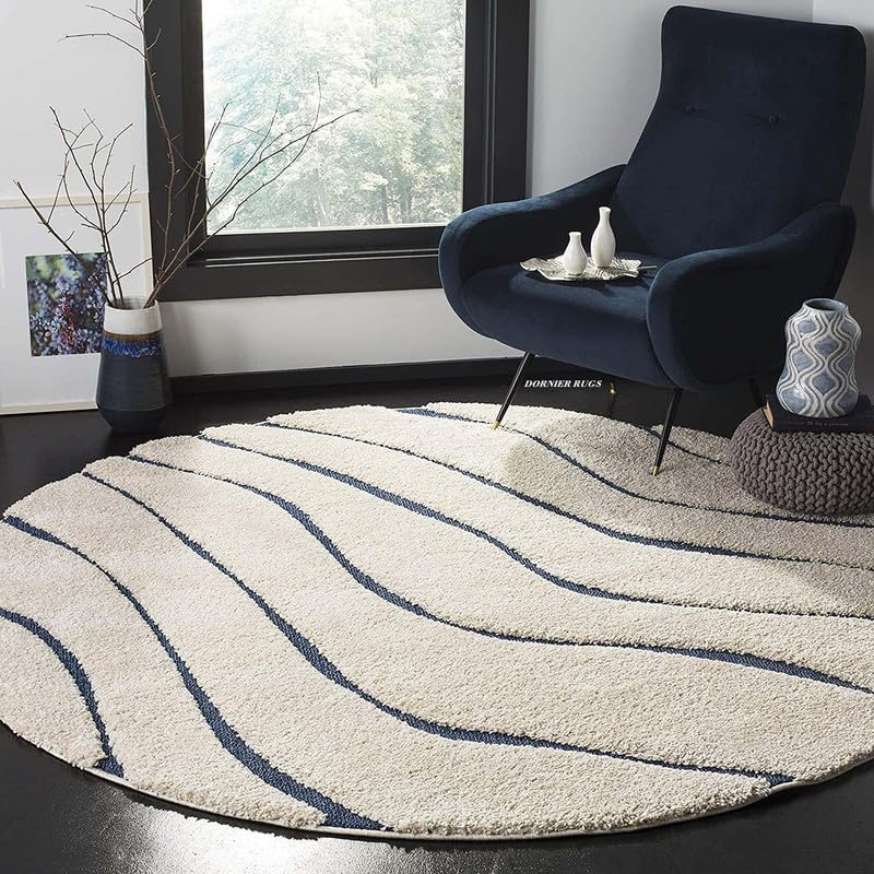 Round Cream & Blue Handcrafted Shaggy Carpet