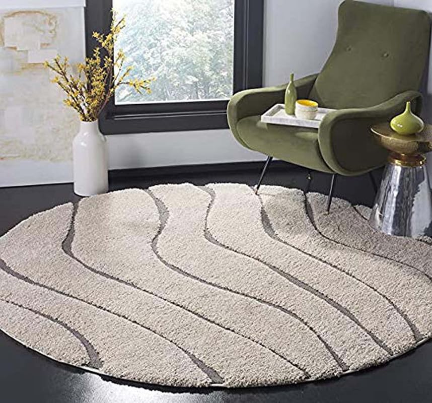 Round Beige & Brown Super Soft Shaggy Carpet
