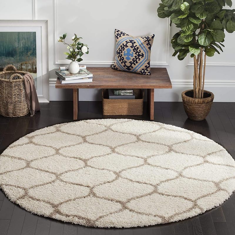 Round Cream & Brown Super Soft Shaggy Carpet