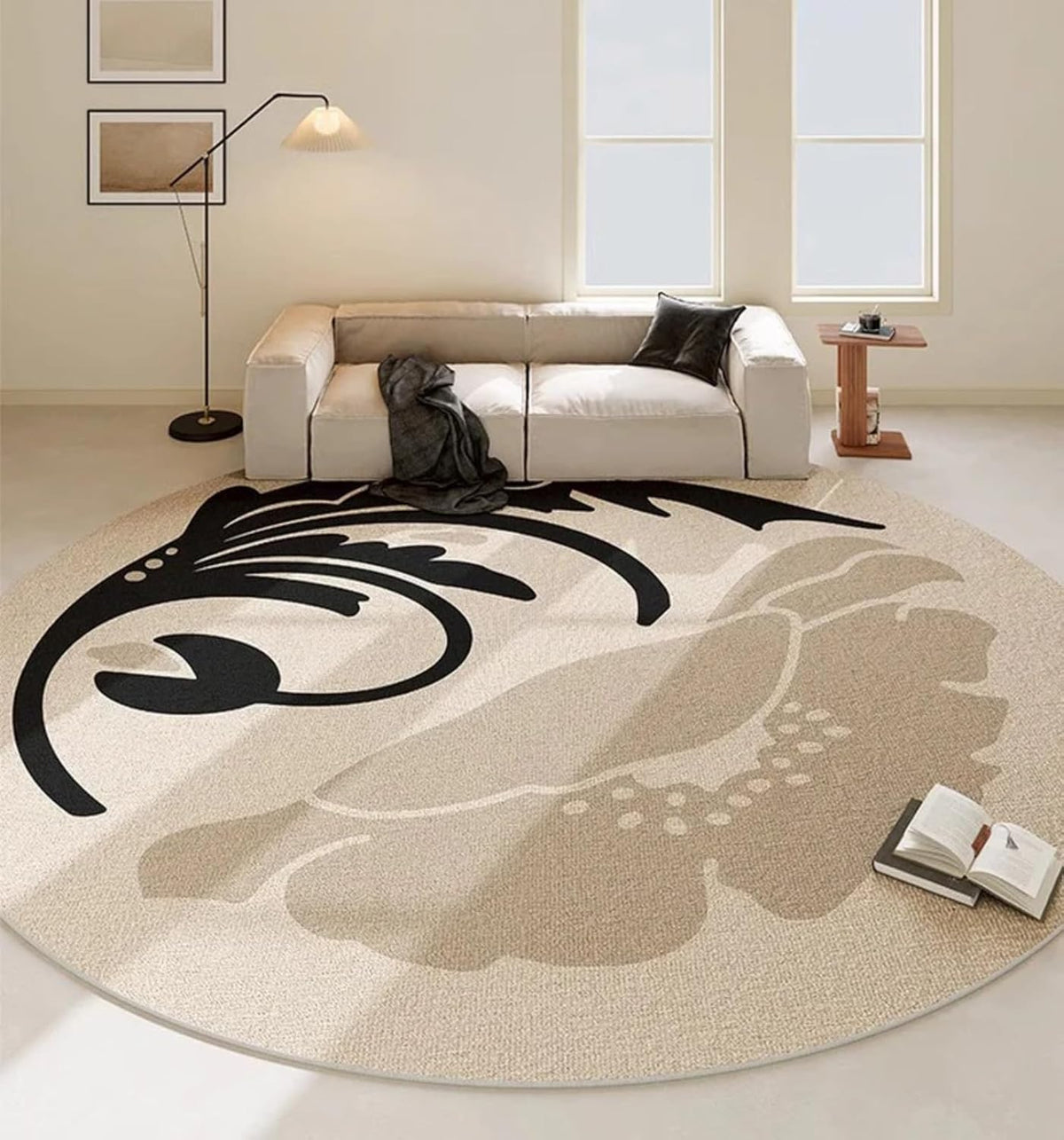 Round Beige & Black Hand Tufted New Zealand Wool Rug