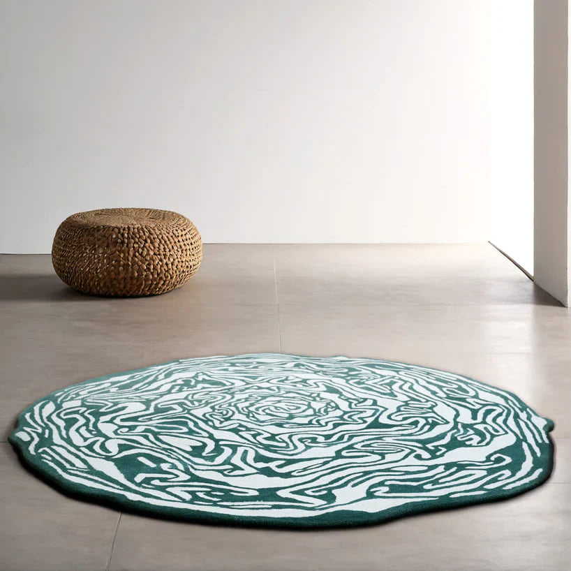 Round Amoeba Blue & Cream New Zealand Wool Rug