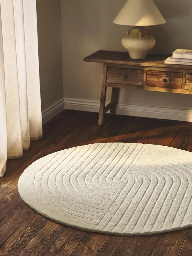 Round Hand Tufted Cream New Zealand Wool Rug