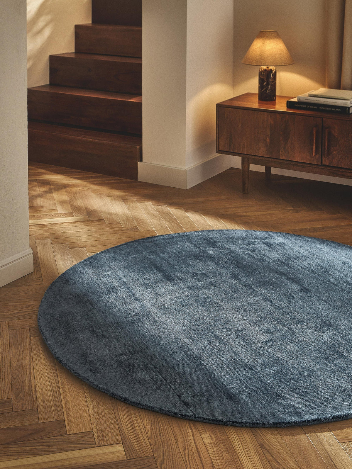 Round Navy Blue Viscose Silk Hand Tufted Rug