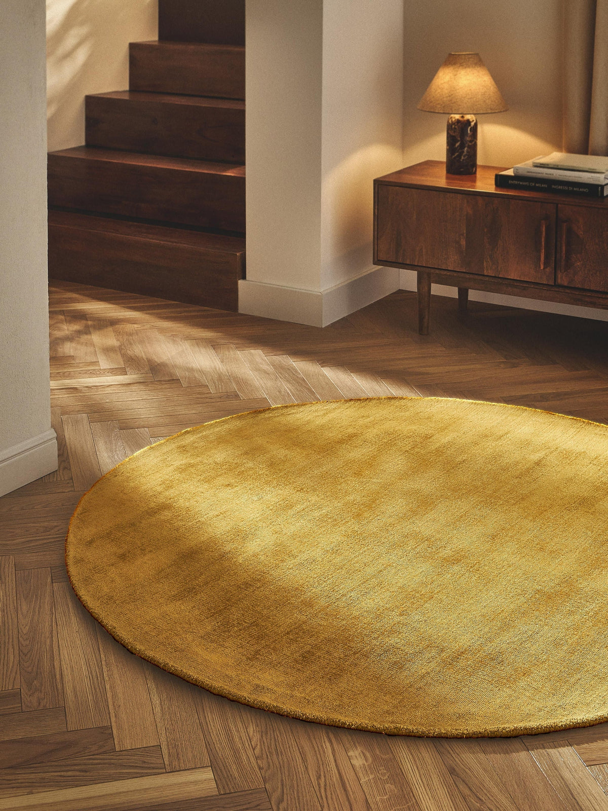 Round Mustard Viscose Silk Hand Tufted Rug