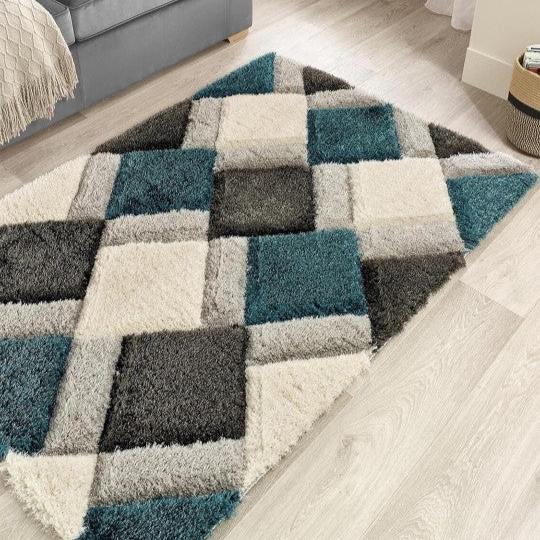 Handcrafted Teal & White Shaggy Carpet