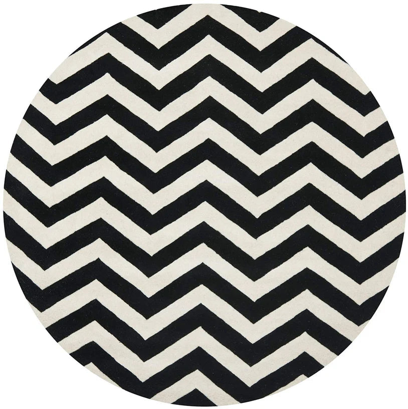 Black & White Zig Zag Hand Tufted Round Plush New Zealand Wool Rug